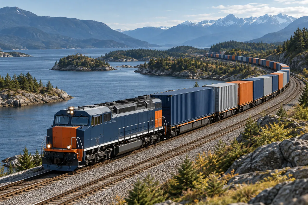 Illustrative view of a freight train carrying shipping containers.
