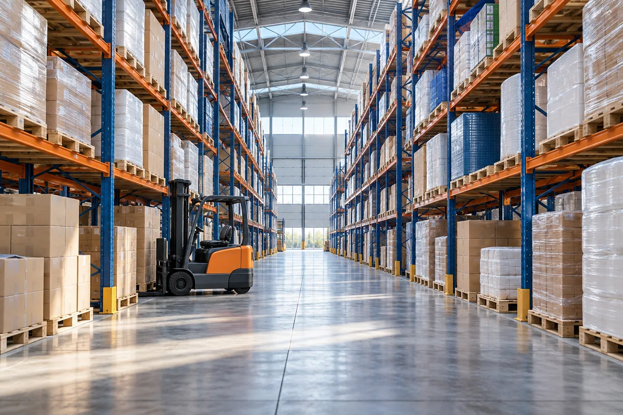 Illustrative view of warehouse racks and pallet handling.
